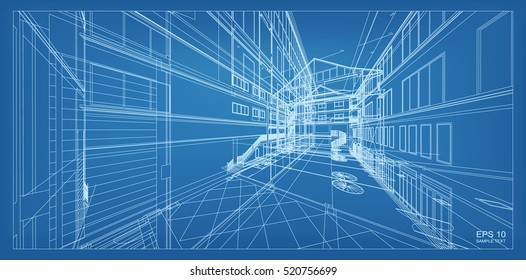 Abstract 3D render of building wireframe structure. Vector architectural construction graphic idea.