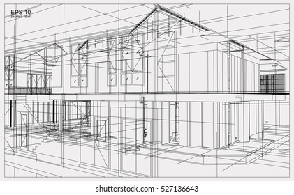 Abstract 3D render of building wireframe structure. Vector construction graphic idea.