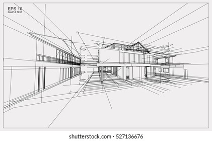 Abstract 3D render of building wireframe structure. Vector construction graphic idea.