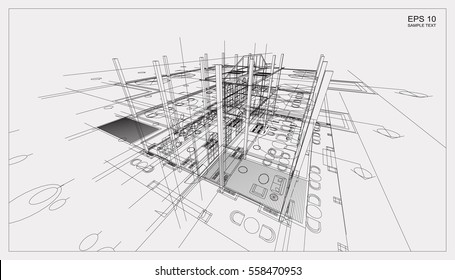 Abstract 3D render of building wireframe structure. Vector construction graphic idea.