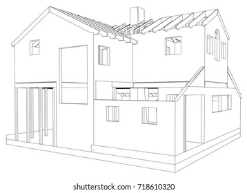 Abstract 3D render of building wireframe structure. Construction graphic. Tracing illustration of 3d.