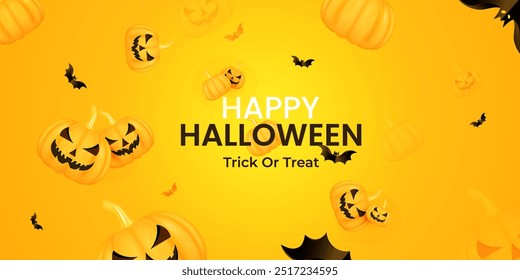 Abstract 3D render Halloween Day poster design. Realistic Modern Halloween holiday party banner design template with pumpkins and bats.Orange color happy Halloween background design.