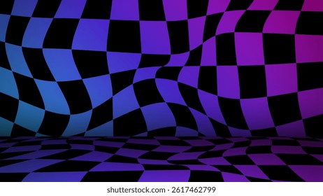 Abstract 3D Render of a Wavy. Distorted Checkered Pattern on a Curved Wall and Reflective Floor. Creating an Optical Illusion of Movement and Depth in a Modern. Empty Space Background.