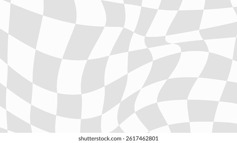 Abstract 3D Render of a Wavy. Distorted Checkered Pattern on a Curved Wall and Reflective Floor. Creating an Optical Illusion of Movement and Depth in a Modern. Empty Space Background.