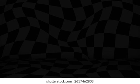 Abstract 3D Render of a Wavy. Distorted Checkered Pattern on a Curved Wall and Reflective Floor. Creating an Optical Illusion of Movement and Depth in a Modern. Empty Space Background.