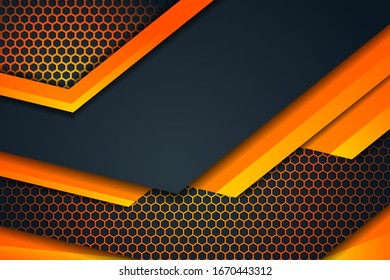 Representación 3d abstracta de superficie futurista con hexágonos. Fondo negro poligonal. Papel mural moderno abstracto de color naranja tecnológico. Diseño de tecnología futurista, con patrones hexagonales de caja.