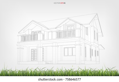 Abstract 3D rendering of house with foreground of green grass and white area for copy space. Vector Illustration.