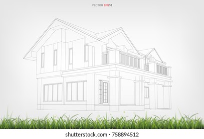 Abstract 3D rendering of house with foreground of green grass and white area for copy space. Vector Illustration.