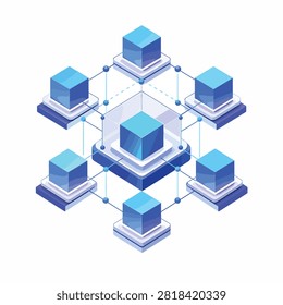 Abstract 3D rendering of interconnected geometric cubes with blue gradient panels and metallic edges