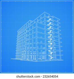 Abstract 3D rendering of wireframe building structure - Vector illustration