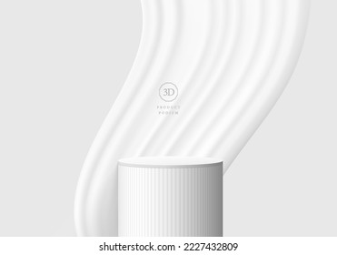 Abstract 3D room background, Realistic white and gray cylinder stand podium with fabric curtain behind. Minimal wall scene for mockup product display. Vector geometric forms. Round stage for showcase.