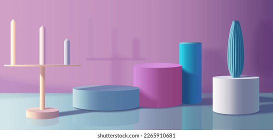 abstract 3D room with blue, pink, white realistic cylinder podium. Line arch shape on the wall. Vector rendering geometric form. Mockup product display. Minimal scene. Stage showcase.