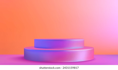 Abstract 3D room with a cylindrical colored podium, realistic podium in the form of a cylinder. Scene for a showcase.