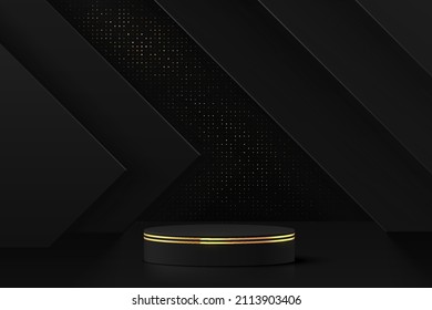 Abstract 3D room with realistic black cylinder pedestal podium in luxury glitter and geometric backdrop. Minimal scene for product display presentation. Vector geometric platform. Stage for showcase. 