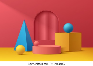 Abstract 3D room with realistic blue, yellow and red geometric pedestal podium set and arch window. Minimal scene for product display presentation. Vector geometric platform design. Stage showcase.