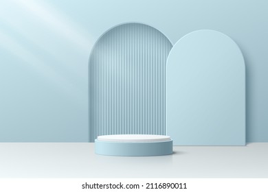 Abstract 3D room with realistic blue cylinder pedestal podium and vertical stripes in arch shape door. Minimal scene for product display presentation. Vector geometric platform design. Stage showcase.