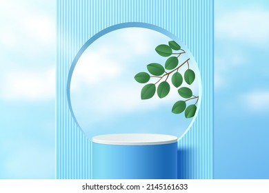 Abstract 3D room and realistic blue cylinder stand podium with blue sky partition and green leaves. Minimal scene for mockup product display presentation. Vector geometric forms. Stage for showcase.