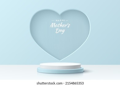 Abstract 3D room with realistic blue and white cylinder pedestal podium and heart shape scene. Minimal scene for mockup product display. Vector geometric forms. Stage showcase. Mother's day concept.
