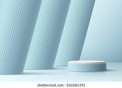 Abstract 3D room with realistic blue and white cylinder pedestal podium with oblique pillars background. Pastel minimal scene for mockup product display. Vector geometric forms. Stage for showcase.