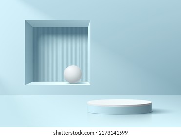 Abstract 3D room, Realistic blue and white cylinder pedestal podium with ball in square window background. Pastel minimal scene for mockup product display. Vector geometric forms. Stage showcase.