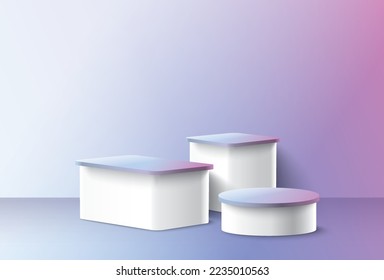 Abstract 3D room with realistic cylinder pedestal stand podium. Minimal scene for product display presentation. Vector geometric platform. Stage for showcase.