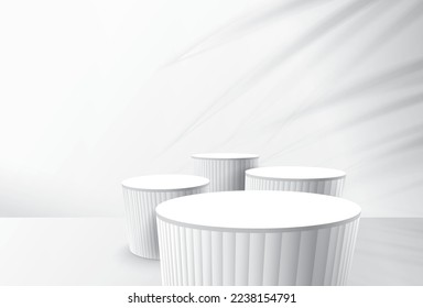 Abstract 3D room with realistic cylinder pedestal stand podium. Minimal scene for product display presentation. Vector geometric platform. Stage for showcase.