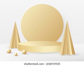 Abstract 3D room with realistic cylindrical podium. Minimal scene for product display and winter sales. Vector geometric platform with golden Christmas trees, snowflakes and spheres.