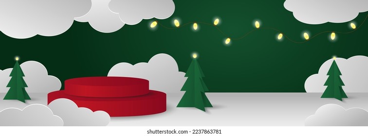 Resumen sala 3D con podio cilíndrico realista. Escena mínima para la visualización de productos y ventas en invierno. Plataforma geométrica vectorial con podio de Navidad dorado