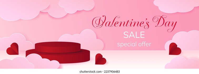 Abstract 3D room with realistic cylindrical podium. Minimal scene for product display and winter sales. Vector geometric platform with Valentine's day podium