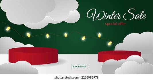 Resumen sala 3D con podio cilíndrico realista. Escena mínima para la visualización de productos y ventas en invierno. Plataforma geométrica vectorial con podio de Navidad rojo