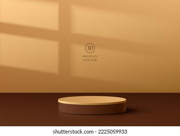 Abstract 3D room with realistic golden, brown cylinder product stand podium and window light overlay. Luxury minimal wall scene mockup display presentation. Vector geometric platform. Stage showcase. 