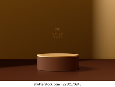 Abstrakter 3D-Raum mit realistischem goldenen und braunem Zylinder-Produkt Stehpodium, Hell- und Schattenhintergrund. Luxuriöse minimale Wand-Szene Mock-up-Display. Geometrische Vektorformen. Stufenvorführung. 