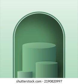 Abstract 3D room with realistic green cylinder pedestal podium set on arch door. Minimal wall stage for products demonstration and display presentation.