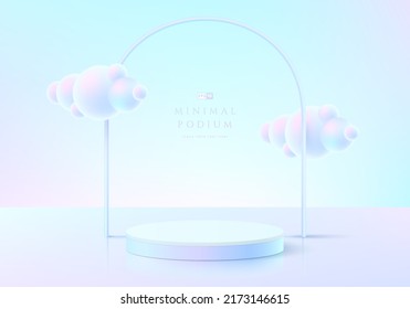 Abstract 3D room with realistic pink and blue hologram color cylinder podium. Pastel cloud flying. Minimal wall scene for mockup product display. Vector geometric forms. Round stage for showcase.