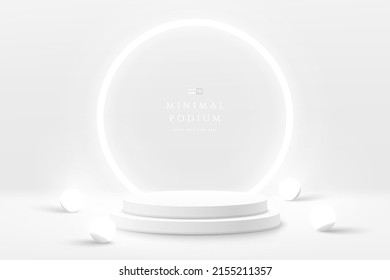 Abstract 3D room with realistic silver cylinder pedestal podium and glowing circle ring neon scene, Lamp sphere balls. Minimal scene for mockup product display. Vector geometric forms. Stage showcase.