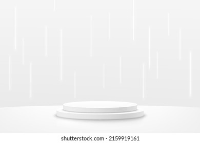 Abstract 3D room with realistic silver cylinder pedestal podium and glowing vertical neon light lines background, Minimal scene for mockup product display. Vector geometric forms. Stage for showcase.