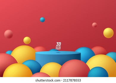 Abstract 3D room and realistic stand or podium with blue, yellow and red sphere balls flying. Minimal wall scene for product display presentation. Vector geometric platform design. Stage for showcase.