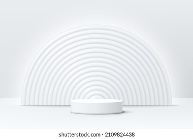 Abstract 3D room with realistic white cylinder pedestal podium and semi circles illuminate backdrop. Minimal scene for product display presentation. Vector geometric platform design. Stage showcase.