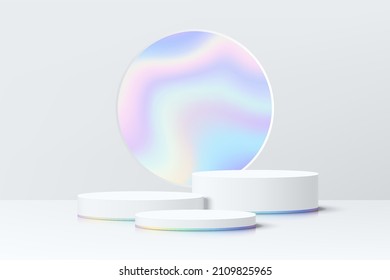 Abstract 3D room with realistic white cylinder pedestal podium set and blue hologram in circle window. Minimal scene for product display presentation. Vector geometric platform. Stage for showcase. 