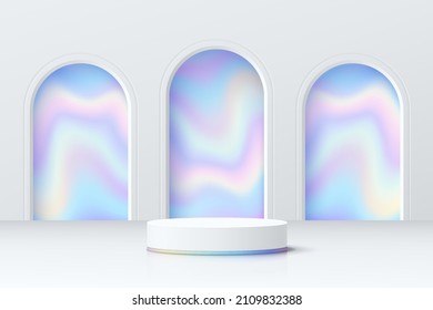 Abstract 3D room with realistic white cylinder pedestal podium and blue hologram in arch shape window. Minimal scene for product display presentation. Vector geometric platform. Stage for showcase. 