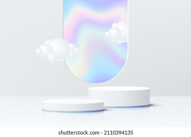 Abstract 3D room with realistic white cylinder pedestal podium set and cloud in arch shape hologram window. Minimal scene for product display presentation. Vector geometric platform. Stage showcase.