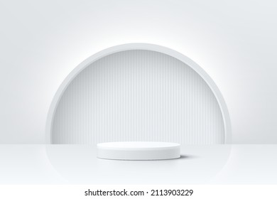 Abstract 3D room with realistic white cylinder pedestal podium and illuminate semi circle background. Minimal scene for product display presentation. Vector geometric platform design. Stage showcase. 