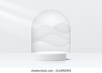 Abstract 3D room with realistic white cylinder pedestal podium and wavy layers in arch shape window. Minimal scene for product display presentation. Vector geometric platform design. Stage showcase.