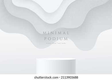 Abstract 3D room with realistic white cylinder stand or podium and white layers wavy shape background. Minimal scene for product display presentation. Vector geometric platform design. Stage showcase.