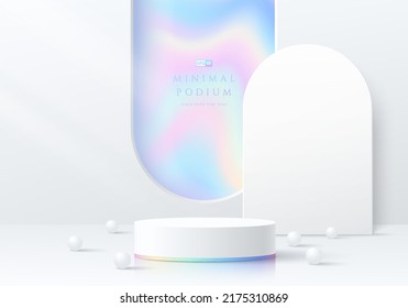 Abstract 3D room with realistic white cylinder pedestal podium and blue hologram in arch shape window. Minimal wall scene for mockup product display. Vector geometric forms. Round stage for showcase. 