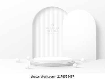 Abstract 3D room, Realistic white cylinder podium with arch shape background and beads or sphere balls. Minimal wall scene for mockup product display. Vector geometric forms. Round stage for showcase.