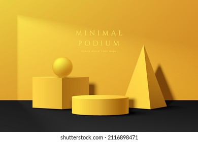 Abstract 3D room with realistic yellow geometric pedestal podium set on black floor. Minimal wall scene for product display presentation. Vector geometric platform design. Stage for showcase. 