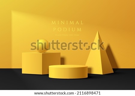 Abstract 3D room with realistic yellow geometric pedestal podium set on black floor. Minimal wall scene for product display presentation. Vector geometric platform design. Stage for showcase. 