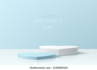 Abstract 3D Room With Set Of Realistic Pedestal Podium Heart Shape In White And Blue Color. Minimal Scene For Mother Day Mockup Product Display. Vector Rendering Geometric Platform. Stage Showcase.