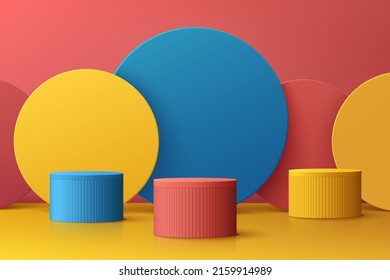 Abstract 3D room with set of realistic red, blue and yellow cylinder pedestal podium. Minimal wall scene for product display presentation. Vector rendering  geometric forms. Stage for showcase. 